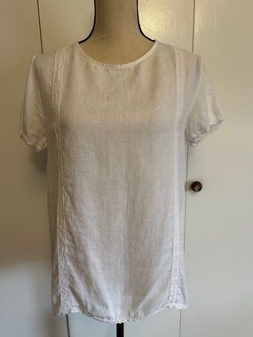 Laura Bianchi White Lace-Trim Short Sleeve Linen Womens Top